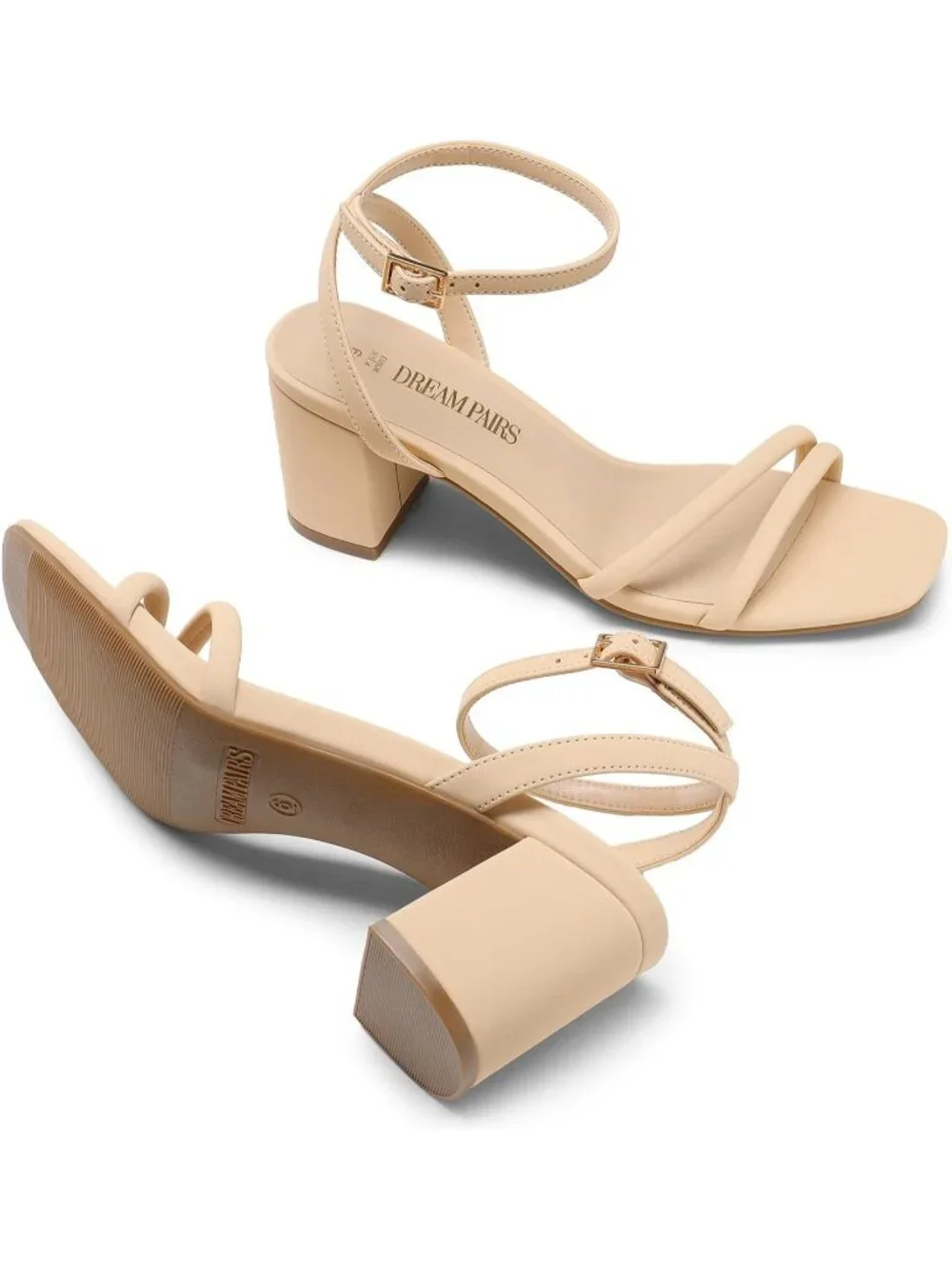 Women's Nude Faux Leather Square-Toe Chunky Block Ankle Buckle Heeled Sandals